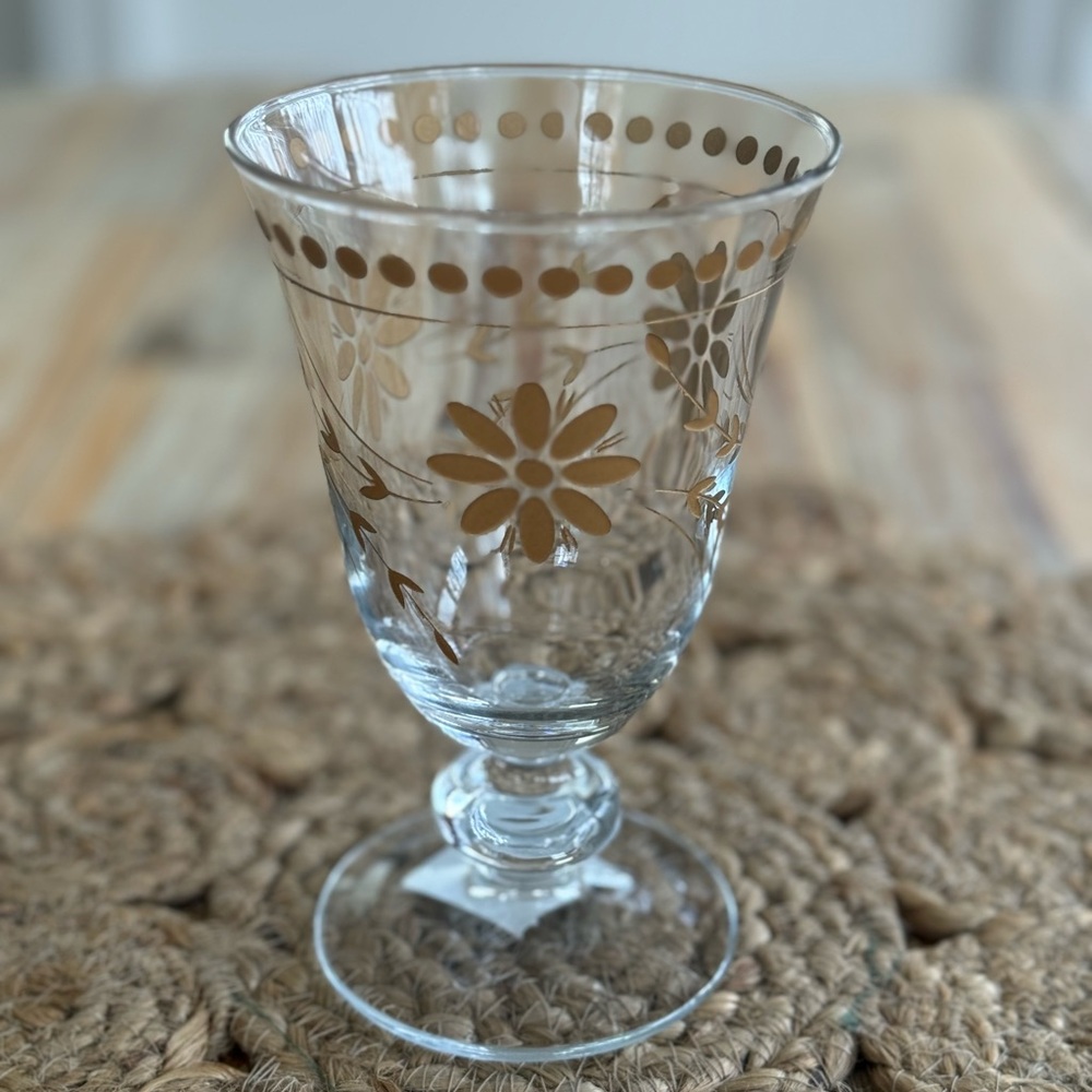 Williams Sonoma Gold Vntg Etch Floral Glass Goblet NWT